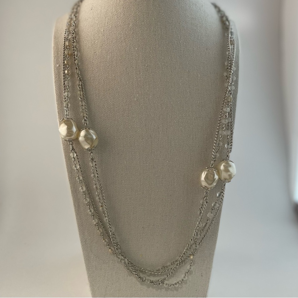 Vintage Jewelry Silver Tone and Cream Long Coro Necklace
